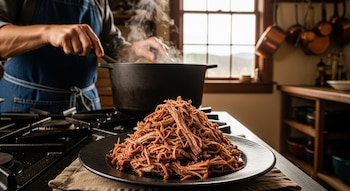 Plato con carne desmenuzada, persona cocinando en una olla humeante, estufa, ventana con paisaje, utensilios de cocina.