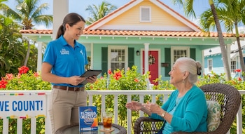 Una mujer del Censo de EE.UU. con camisa azul y pantalón caqui, sonríe a una mujer mayor sentada en un porche frente a una casa colorida en Florida.