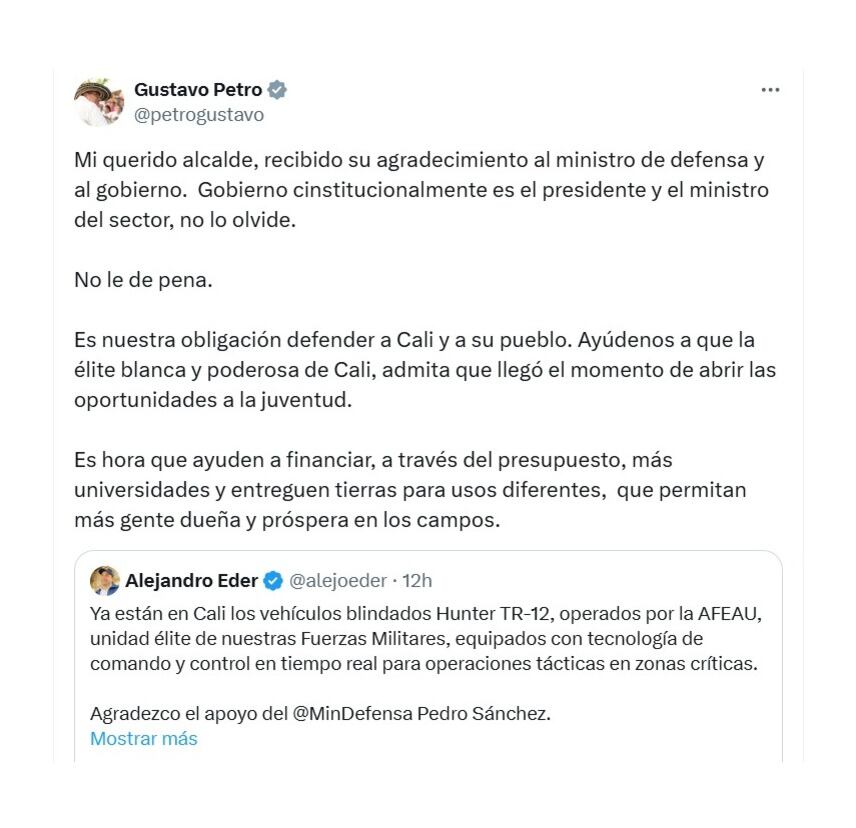 Esta fue la publicación con la que el presidente Gustavo Petro empezó a expresar su inconformidad con el alcalde de Cali, Alejandro Éder, por no agradecerle por los vehículos militares - crédito @petrogustavo/X