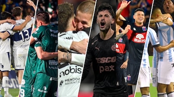 Composición de seis paneles que muestra a futbolistas de distintos clubes abrazados y festejando en campos de juego.