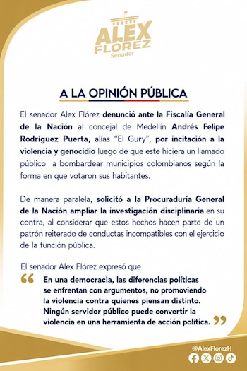 El senador Alex Flórez denunció penalmente al concejal por presunta incitación a la violencia y genocidio, y además solicitó a la Procuraduría General de la Nación ampliar la investigación disciplinaria en su contra - crédito prensa Alex Flórez