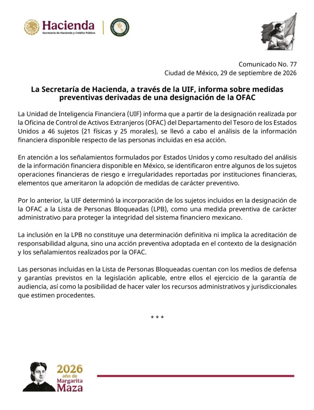 Mensaje oficial de la Secretaría de Hacienda y Crédito Público con relación a las sanciones. Crédito: SHCP