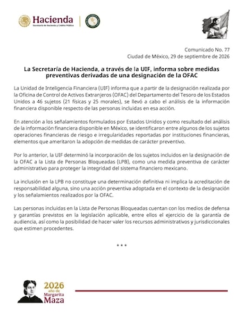Mensaje oficial de la Secretaría de Hacienda y Crédito Público con relación a las sanciones. Crédito: SHCP