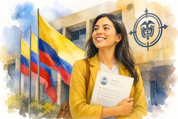 Ilustración en acuarela de una mujer con un currículum frente a banderas de Colombia y el símbolo de la Procuraduría General de la Nación.