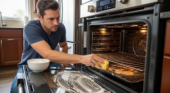 Un hombre en una cocina se arrodilla y limpia el horno abierto con una esponja amarilla, esparciendo bicarbonato de sodio en la puerta y el interior.