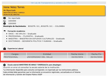 Documento que certifica que Irene Vélez ejerció como maestra en la Universidad del Valle desde 2014 hasta 2022. Foto: @Danielbricen/ Twitter