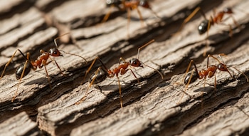 Varias hormigas de cuerpo negro y tórax rojizo con patas largas caminan sobre la corteza rugosa de un árbol.