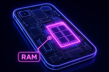 Circuito interno de un teléfono inteligente iluminado en neón azul y rosa, con un bloque central marcado con las letras RAM.