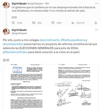 Anuncio de Sigrid Bazán sobre el proyecto de adelanto de elecciones.