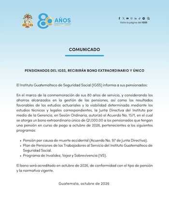 Documento digital con el logotipo del IGSS y texto de un comunicado sobre un bono para pensionados emitido en Guatemala