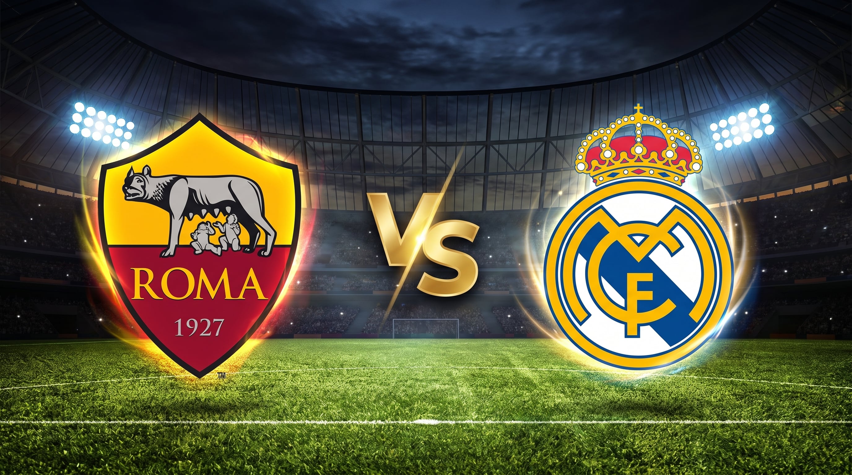 Los escudos oficiales de la AS Roma y del Real Madrid se presentan con el símbolo VS sobre el césped de un estadio iluminado. (Imagen Ilustrativa Infobae)