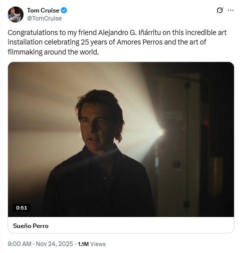 Recientemente, Tom Cruise festejó los 25 años de 'Amores Perros', película con la Alejandro G. Iñarritu se dio a conocer a nivel global
(@TomCruise)