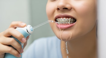 Primer plano de una persona joven con brackets usando un irrigador dental. El agua fluye de la boquilla a su boca y gotea por la barbilla.