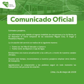 Línea 1 - Metro de Lima - Suspensión de servicio - Perú - 24 mayo