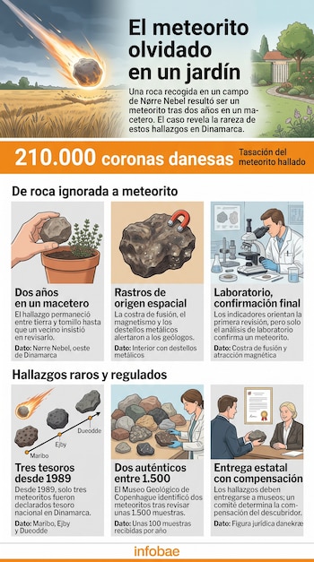 Una infografía con ilustraciones de un meteorito, un macetero, un imán, un microscopio y textos explicativos con datos en coronas danesas.