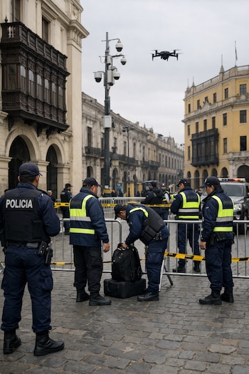 Agentes de policía y serenos municipales en un control con vallas en calle adoquinada, edificios coloniales de Lima, cámaras de vigilancia y un dron volando.