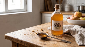 Botella de vidrio con vinagre de manzana, una cuchara metálica con líquido, migajas de pan y un tazón con manzanas sobre una mesa de madera.