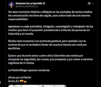 El presidente Abelardo de la Espriella afirmó que la prensa será veedora de las actuaciones de las carteras de su gobierno - crédito X