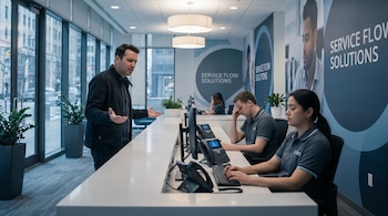 Hombre frustrado de pie en un mostrador de servicio con los brazos abiertos, frente a dos empleados que miran pantallas de computadora en una oficina moderna con grandes ventanas.