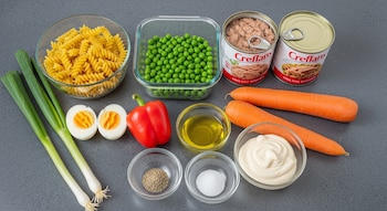 Ingredientes para ensalada de pasta: fideos, arvejas, atún, zanahorias, morrón, cebolla de verdeo, huevos duros, mayonesa, aceite, sal y pimienta, sobre una mesada gris.