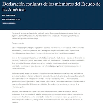 El Escudo de las Américas sostuvo que el Gobierno de Gustavo Petro no ha reconocido la victoria electoral de Abelardo De la Espriella - crédito Departamento de Estado de Estados Unidos