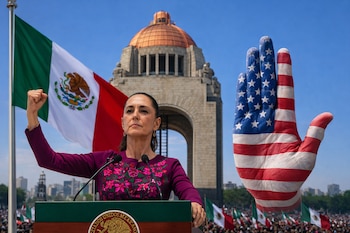 Claudia Sheinbaum en un podio con un puño levantado. Detrás, la bandera de México, el Monumento a la Revolución y una mano pintada con la bandera de EE. UU.