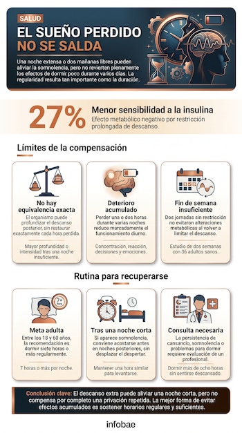 Infografía con el título El sueño perdido no se salda, la cifra de 27 por ciento, seis recuadros con iconos y el logotipo de Infobae en la base.