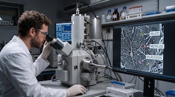 Un hombre con bata blanca y gafas observa por un microscopio frente a un monitor con etiquetas de sílice, metales y plásticos en un laboratorio.