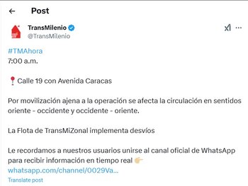 Transmilenio informa de afectaciones en