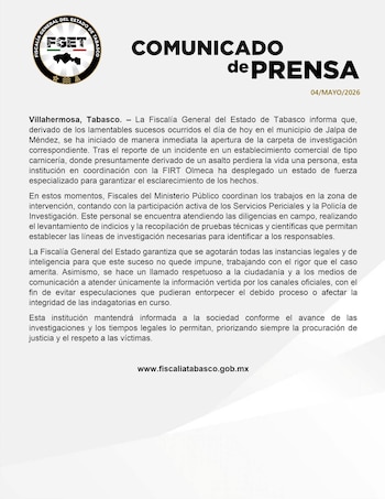 La Fiscalía General del Estado de Tabasco informó inicialmente que una mujer “presuntamente” perdió la vida en la agresión. Medio locales reportan dos muertes tras la agresión armada. (Crédito: Fiscalía de Tabasco)
