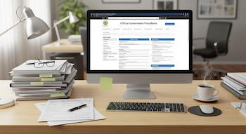 Un escritorio de oficina de madera clara con una computadora mostrando trámites oficiales, pila de documentos, lentes, taza de café, teclado, ratón y lámpara.