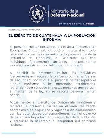 Imagen de un documento oficial del Ministerio de la Defensa Nacional de Guatemala, un comunicado de prensa con texto impreso en blanco sobre fondo azul y blanco