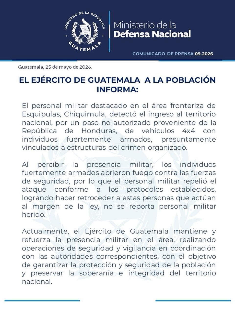 El Ejército de Guatemala, según el Ministerio de la Defensa Nacional, repelió una agresión armada de individuos vinculados al crimen organizado en la frontera con Honduras, sin heridos. (Ministerio de la Defensa de Guatemala)