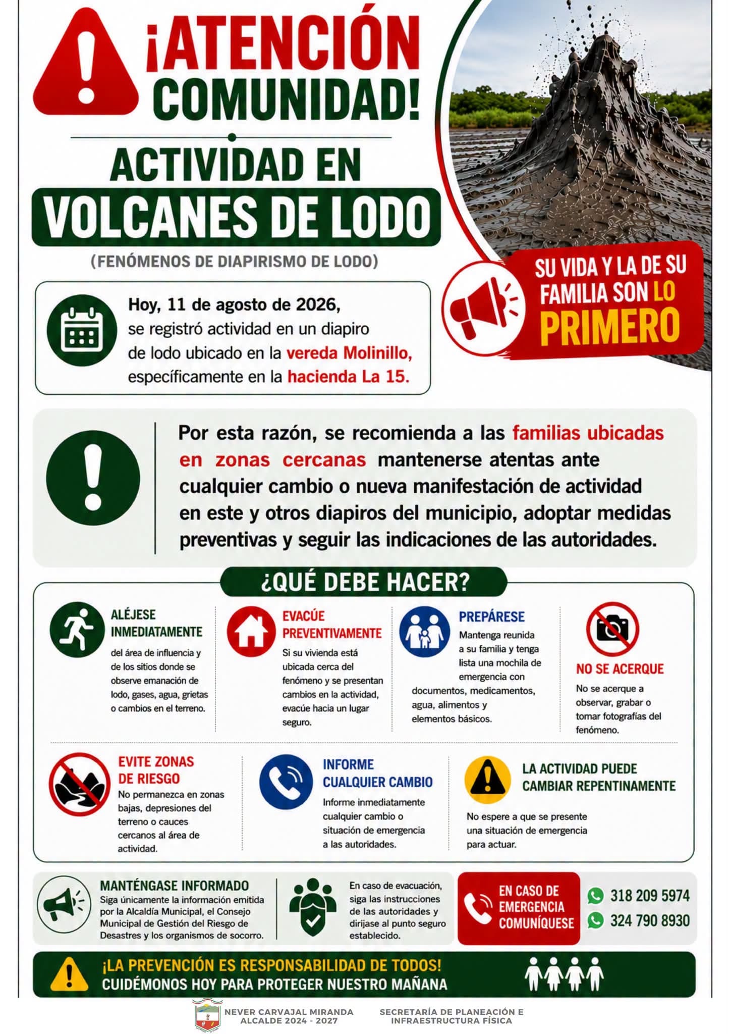 La Alcaldía de San Pedro de Urabá, el Dagran y los bomberos locales activaron un protocolo de monitoreo y prevención por nuevos episodios del volcán de lodo - crédito Alcaldía San Pedro de Urabá / Facebook