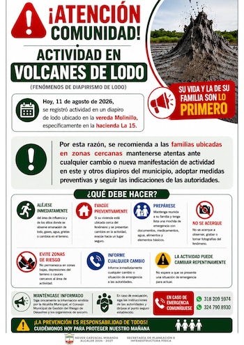 La Alcaldía de San Pedro de Urabá, el Dagran y los bomberos locales activaron un protocolo de monitoreo y prevención por nuevos episodios del volcán de lodo - crédito Alcaldía San Pedro de Urabá / Facebook