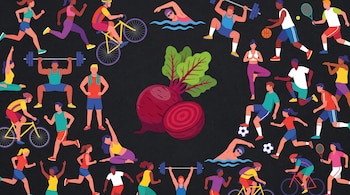Ilustración de una remolacha entera y una cortada al centro, rodeadas por múltiples figuras de personas en diversas actividades físicas sobre un fondo oscuro.