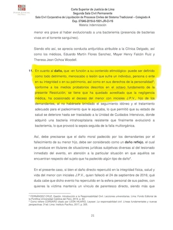 Documento judicial impreso con el encabezado del Poder Judicial del Perú y un fragmento del texto resaltado en amarillo