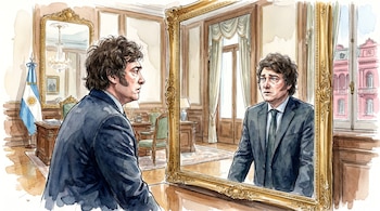 Pintura en acuarela del presidente Javier Milei de espaldas, viendo su reflejo con expresión preocupada en un gran espejo dorado dentro de un despacho.