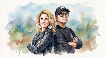 Ilustración en acuarela de una mujer rubia con chaqueta y un hombre con gorra y gafas, ambos de espaldas y con los brazos cruzados.