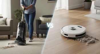 Imagen dividida mostrando una persona aspirando una alfombra con una aspiradora vertical y un robot aspirador recogiendo suciedad en un suelo de madera.