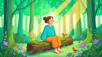 Ilustración de una joven sentada descalza en un tronco cubierto de musgo, con los ojos cerrados, en un bosque con árboles, flores violetas, helechos y pájaros.
