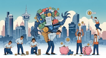 Ilustración de trabajadores en Panamá con un hombre cargando un monstruo de deuda y otros intentando recolectar monedas en un entorno urbano con la Torre F&F.