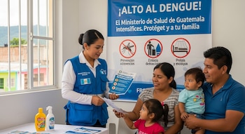 Mujer con chaleco del Ministerio de Salud de Guatemala entrega folleto a familia con dos niños, junto a un cartel de prevención de dengue y productos en una mesa.