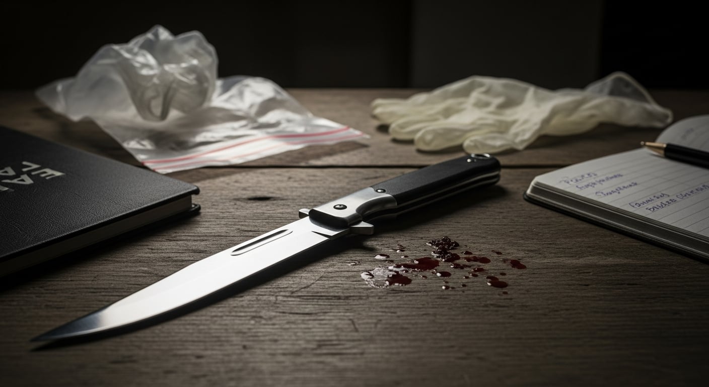 Un cuchillo, gotas de sangre, guantes y una bolsa de plástico se observan sobre una mesa de madera, sugiriendo una escena de delito con arma blanca bajo investigación. (Imagen Ilustrativa Infobae)