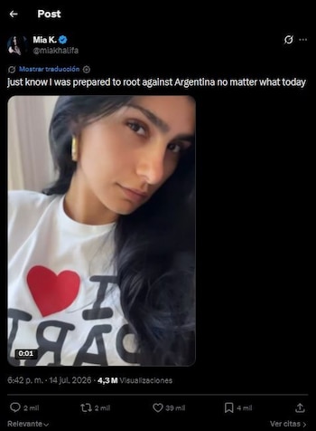 Mia Khalifa a favor de Francia y contra Argentina