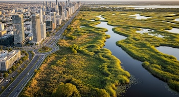 Vista aérea de una ciudad moderna con rascacielos y carreteras junto a una extensa área de humedales verdes con canales de agua serpenteantes.