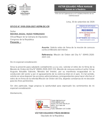 Documento oficial de la Cámara de Diputados de Perú con el oficio firmado por el diputado Víctor Eduardo Piñan Mamani