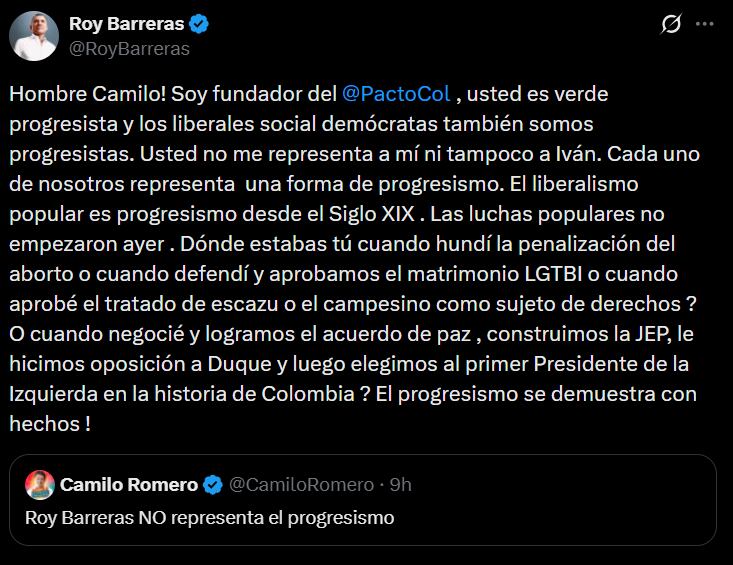Camilo Romero puso en duda la representación de Roy Barreras dentro del progresismo, a lo que el exsenador respondió defendiendo su trayectoria y su papel en ese sector político. - crédito X