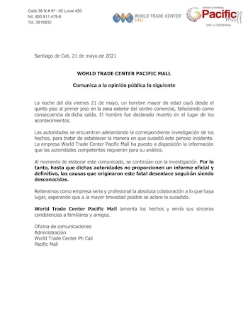Comunicado Centro Comercial Pacific Mall