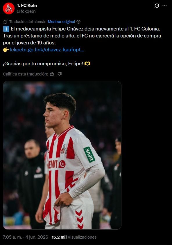 La cesión de Felipe Chávez llegó a su fin. Colonia oficializó que no adquirirá al mediocampista peruano-alemán y agradeció su aporte durante los seis meses en el plantel. (X / 1. FC Köln)